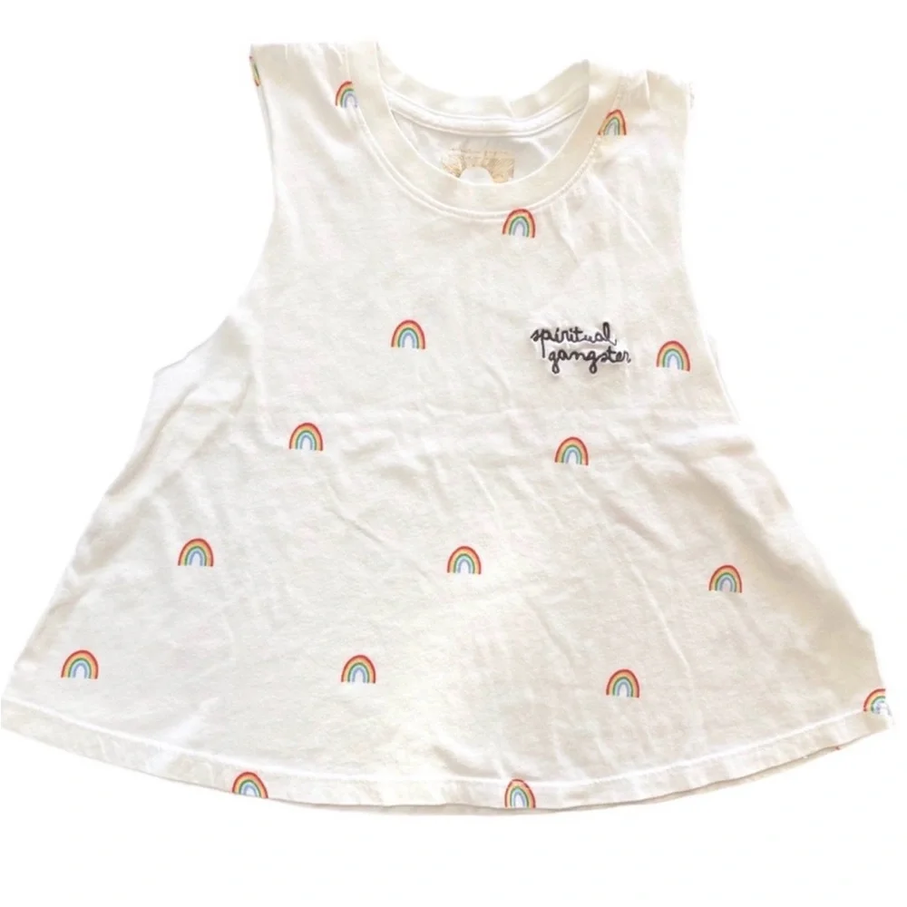 Spiritual Gangster White Crop Tank with Mini Rainbow Motif •EUC - Picture 4 of 7